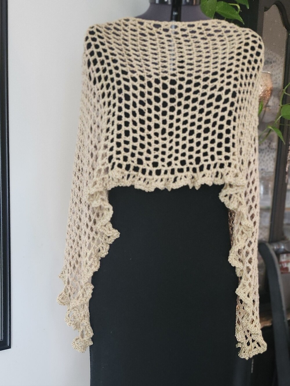 Handmade Crochet Shawl Poncho Wrap With Lettuce Hem Romantic